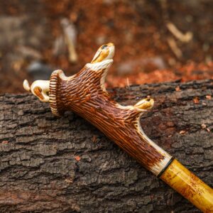 Handcrafted Wooden Walking Stick with Deer Antler Handle | Artisan Antler Grip Cane