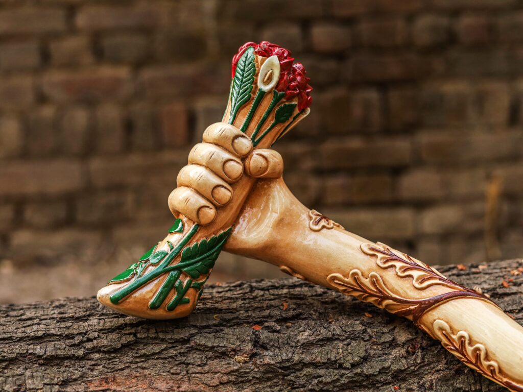 Hand Carved Wooden Walking Stick – Rose Handle Grip Cane
