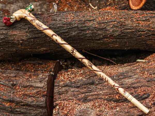 Hand Carved Wooden Walking Stick – Rose Handle Grip Cane