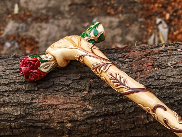 Hand Carved Wooden Walking Stick – Rose Handle Grip Cane