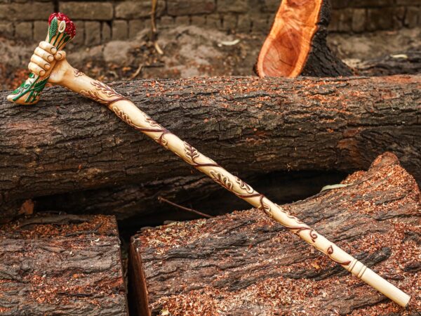 Hand Carved Wooden Walking Stick – Rose Handle Grip Cane