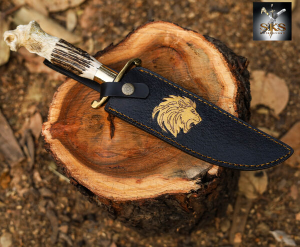 Golden Lion Head Bowie Knife – Handcrafted Antler Handle by SKS Enterprises