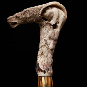 Handcrafted Wooden Walking Stick with Bear & Wolf Antler Handle – Dual Animal Cane for Hikers, Collectors & Gift Giving