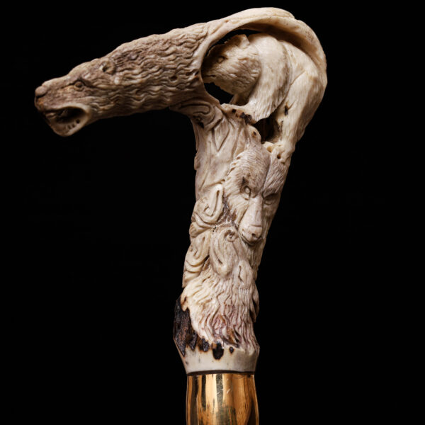 Handcrafted Wooden Walking Stick with Bear & Wolf Antler Handle – Dual Animal Cane for Hikers, Collectors & Gift Giving