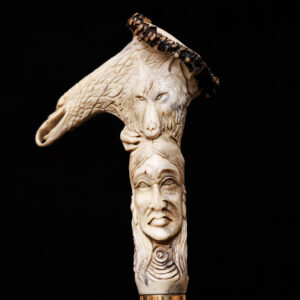 Eagle & Wolf Shaman Walking Stick – Handcrafted Tribal Wooden Cane for Spiritual Collectors & Nature Enthusiasts