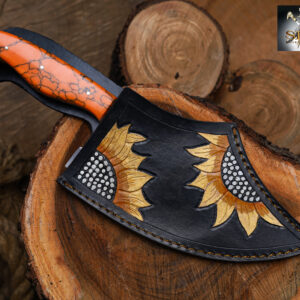 SKS Enterprises Hand-Forged Engraved Cleaver Knife | Full Tang D2 Steel Blade | Orange Resin Handle | Custom Sunflower Leather Sheath