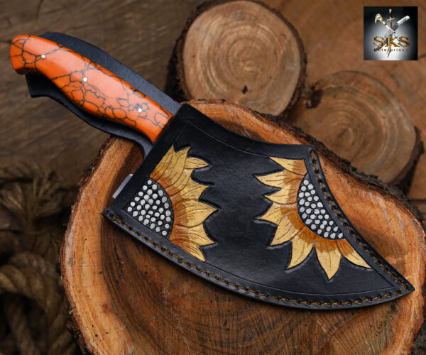 SKS Enterprises Hand-Forged Engraved Cleaver Knife | Full Tang D2 Steel Blade | Orange Resin Handle | Custom Sunflower Leather Sheath