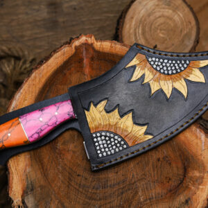SKS Enterprises Hand-Forged Engraved Cleaver Knife | Full Tang D2 Steel Blade | Pink & Orange Resin Handle | Collector & Kitchen Use