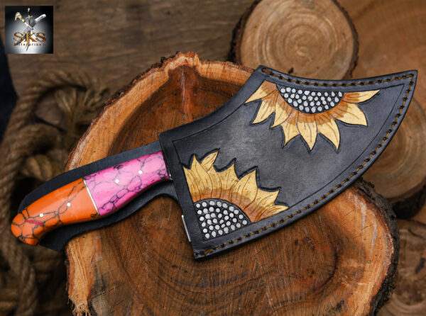 SKS Enterprises Hand-Forged Engraved Cleaver Knife | Full Tang D2 Steel Blade | Pink & Orange Resin Handle | Collector & Kitchen Use
