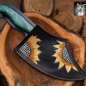 SKS Enterprises Hand-Forged Engraved Cleaver Knife | Full Tang D2 Steel Blade | Green Wood Handle | Custom Sunflower Leather Sheath