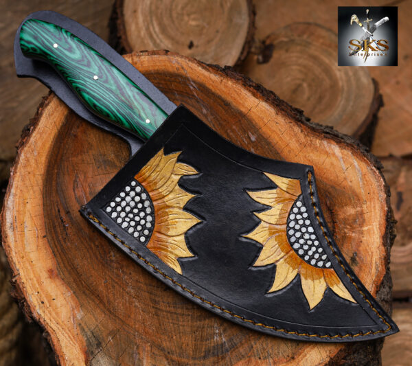 SKS Enterprises Hand-Forged Engraved Cleaver Knife | Full Tang D2 Steel Blade | Green Wood Handle | Custom Sunflower Leather Sheath