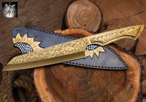 Engraved Straight Edge Fixed Blade Knife – Hand-Forged Damascus Steel with Custom Handle