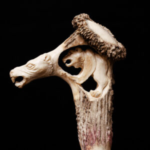 Carved Antler Bear Cane – Handmade Wooden Walking Stick with Bear & Antler Handle for Outdoor Lovers & Collectors