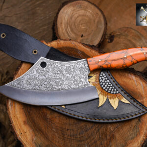 SKS Enterprises Hand-Forged Engraved Cleaver Knife | Full Tang D2 Steel Blade | Orange Resin Handle | Custom Sunflower Leather Sheath