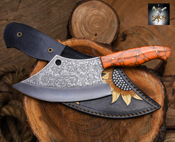 SKS Enterprises Hand-Forged Engraved Cleaver Knife | Full Tang D2 Steel Blade | Orange Resin Handle | Custom Sunflower Leather Sheath