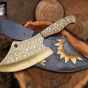 Engraved Damascus Cleaver – Handmade Butcher Knife with Custom Pattern & Wooden Handle