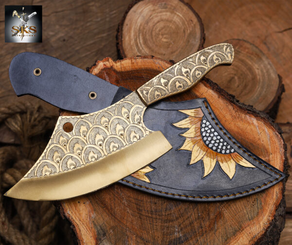 Engraved Damascus Cleaver – Handmade Butcher Knife with Custom Pattern & Wooden Handle