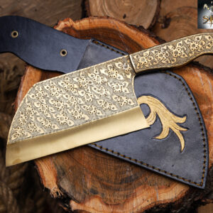 Floral Engraved Damascus Cleaver – Handmade Butcher Knife with Artistic Blade & Wooden Handle