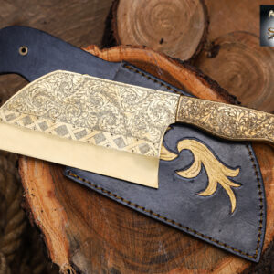 Ornate Engraved Damascus Cleaver – Handmade Butcher Knife with Decorative Blade & Wood Handle