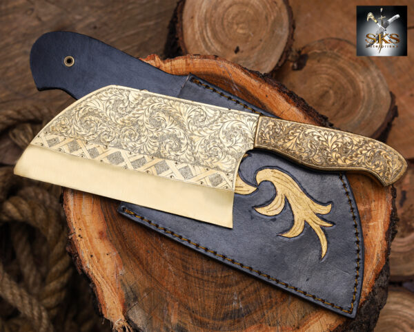 Ornate Engraved Damascus Cleaver – Handmade Butcher Knife with Decorative Blade & Wood Handle