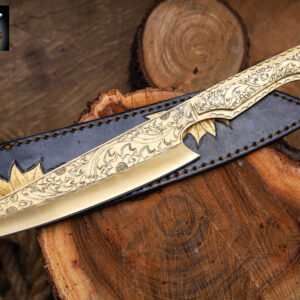 Ornate Engraved Damascus Hunting Knife – Handmade Outdoor Blade with Decorative Handle
