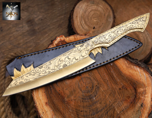 Ornate Engraved Damascus Hunting Knife – Handmade Outdoor Blade with Decorative Handle