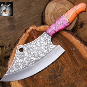 SKS Enterprises Hand-Forged Engraved Cleaver Knife | Full Tang D2 Steel Blade | Pink & Orange Resin Handle | Collector & Kitchen Use
