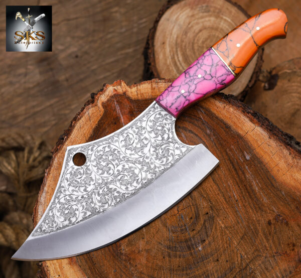 SKS Enterprises Hand-Forged Engraved Cleaver Knife | Full Tang D2 Steel Blade | Pink & Orange Resin Handle | Collector & Kitchen Use