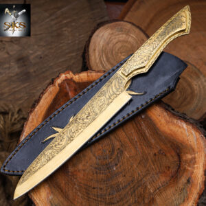 Engraved Dagger Knife – Custom Damascus Steel Double-Edged Blade with Ornate Handle