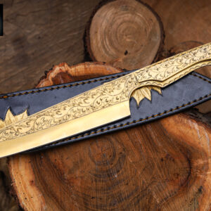 Engraved Straight Edge Fixed Blade Knife – Handmade Damascus Steel Hunting Knife