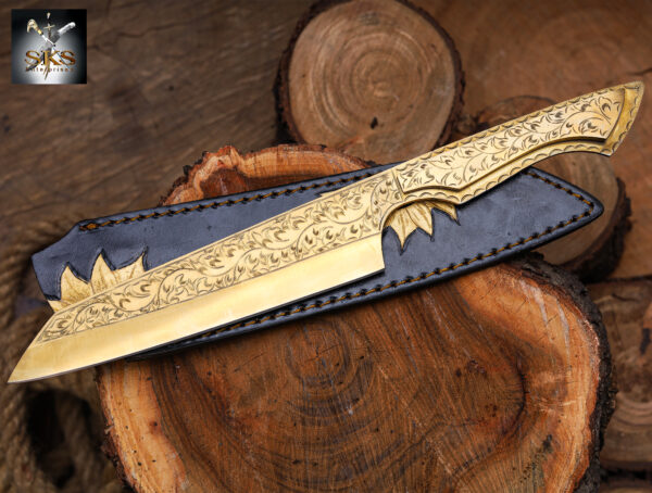 Engraved Straight Edge Fixed Blade Knife – Handmade Damascus Steel Hunting Knife