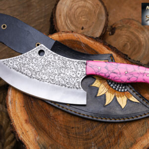 Handmade Damascus Knife with Pink Resin Handle – Fixed Blade Hunting Knife for Women & Collectors