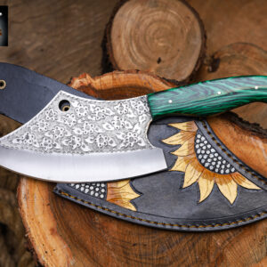 SKS Enterprises Hand-Forged Engraved Cleaver Knife | Full Tang D2 Steel Blade | Green Wood Handle | Custom Sunflower Leather Sheath