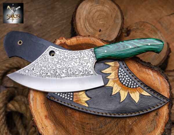 SKS Enterprises Hand-Forged Engraved Cleaver Knife | Full Tang D2 Steel Blade | Green Wood Handle | Custom Sunflower Leather Sheath