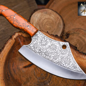 SKS Enterprises Hand-Forged Engraved Cleaver Knife | Full Tang D2 Steel Blade | Orange Resin Handle | Custom Sunflower Leather Sheath