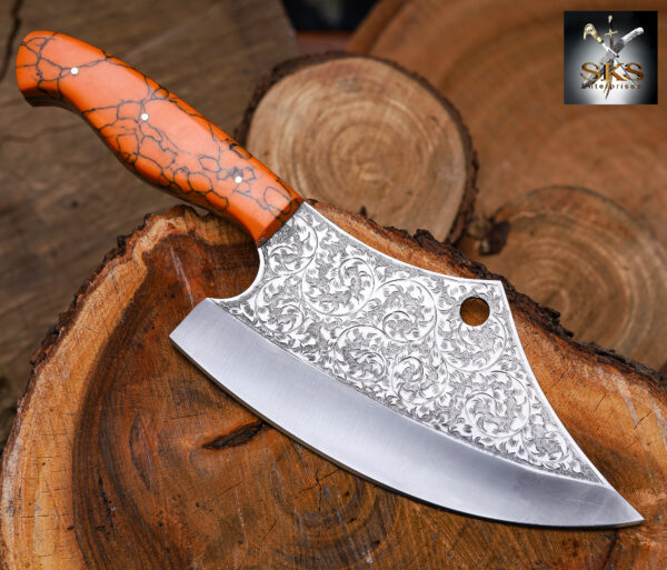 SKS Enterprises Hand-Forged Engraved Cleaver Knife | Full Tang D2 Steel Blade | Orange Resin Handle | Custom Sunflower Leather Sheath