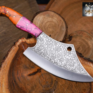 SKS Enterprises Hand-Forged Engraved Cleaver Knife | Full Tang D2 Steel Blade | Pink & Orange Resin Handle | Collector & Kitchen Use