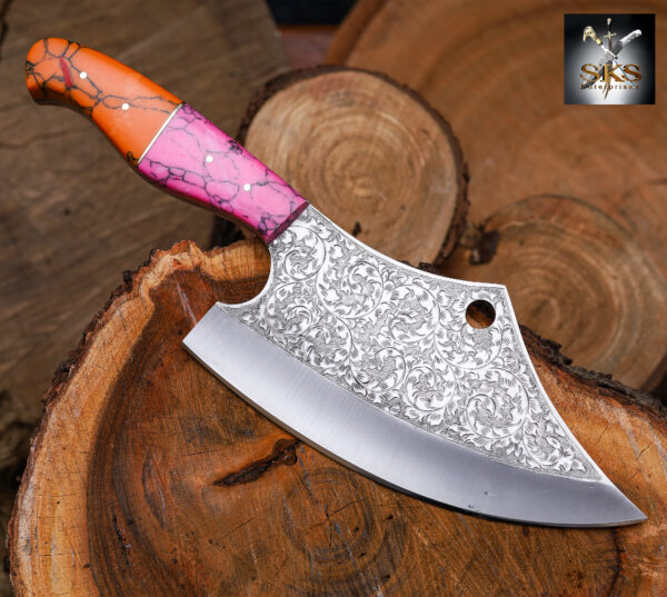 SKS Enterprises Hand-Forged Engraved Cleaver Knife | Full Tang D2 Steel Blade | Pink & Orange Resin Handle | Collector & Kitchen Use