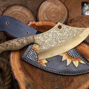 Engraved Cleaver Knife – Handmade Damascus Steel Butcher Knife with Wooden Handle for Chefs & Collectors
