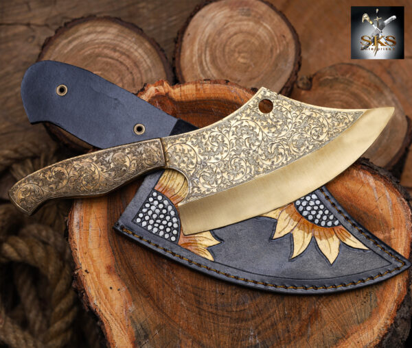 Engraved Cleaver Knife – Handmade Damascus Steel Butcher Knife with Wooden Handle for Chefs & Collectors