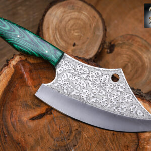 SKS Enterprises Hand-Forged Engraved Cleaver Knife | Full Tang D2 Steel Blade | Green Wood Handle | Custom Sunflower Leather Sheath