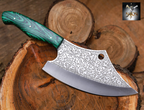 SKS Enterprises Hand-Forged Engraved Cleaver Knife | Full Tang D2 Steel Blade | Green Wood Handle | Custom Sunflower Leather Sheath