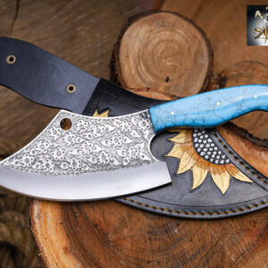 SKS Enterprises Hand-Forged Engraved Cleaver Knife | Full Tang D2 Steel Blade | Turquoise Resin Handle | Custom Sunflower Leather Sheath