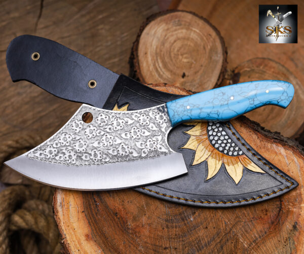 SKS Enterprises Hand-Forged Engraved Cleaver Knife | Full Tang D2 Steel Blade | Turquoise Resin Handle | Custom Sunflower Leather Sheath