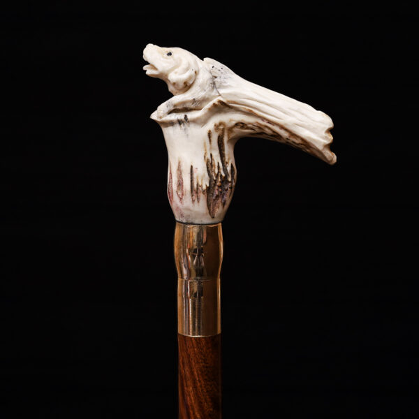 Dual Animal Head Carved Wooden Walking Stick – Handmade Cane with Wolf & Fox Design for Collectors & Nature Enthusiasts