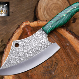 SKS Enterprises Hand-Forged Engraved Cleaver Knife | Full Tang D2 Steel Blade | Green Wood Handle | Custom Sunflower Leather Sheath