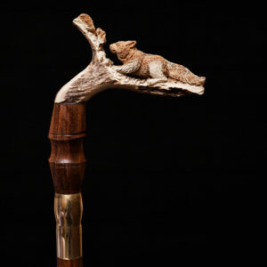 Handcrafted Wooden Walking Stick with Fox & Antler Handle – Rustic Animal Cane for Collectors & Nature Lovers