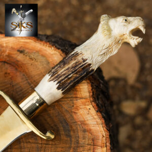 Golden Lion Head Bowie Knife – Handcrafted Antler Handle by SKS Enterprises