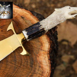 SKS Enterprises Hand-Forged Wolf Head Handle Bowie Knife | Full Tang D2 Steel Blade | Custom Leather Sheath | Hunting & Collection