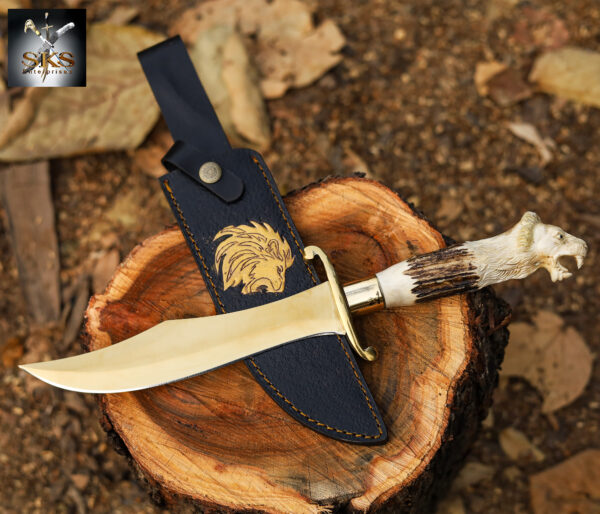 Golden Lion Head Bowie Knife – Handcrafted Antler Handle by SKS Enterprises